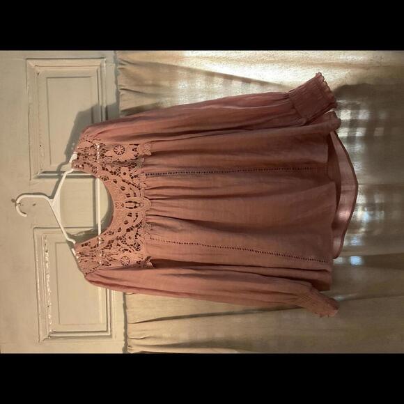 Rose Boho Blouse with Smocking and Open Lace Large - Picture 1 of 7